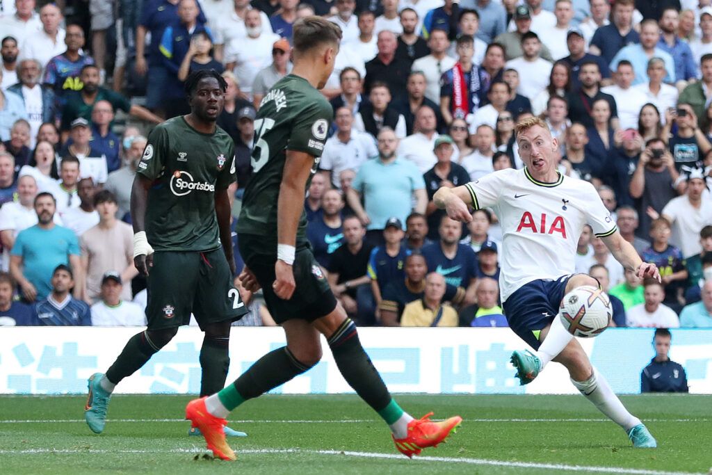 Dejan Kulusevski of Tottenham Hotspur scores their side's fourth goal