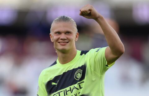 Erling Haaland of Manchester City salutes the travelling fans