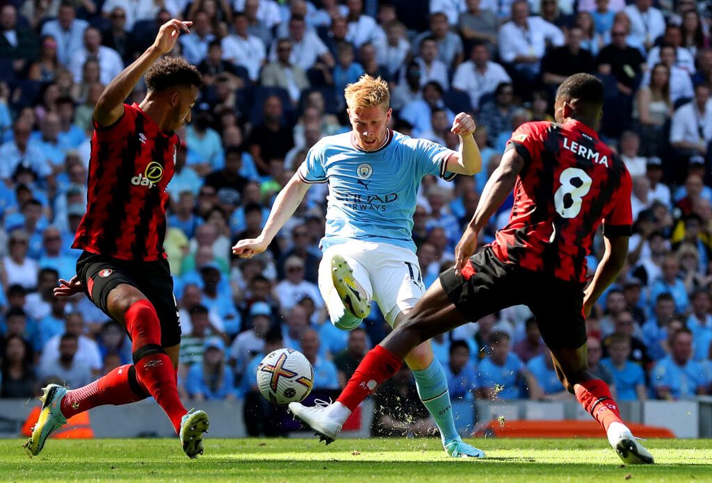 Kevin De Bruyne of Manchester City scores their sides second goal 