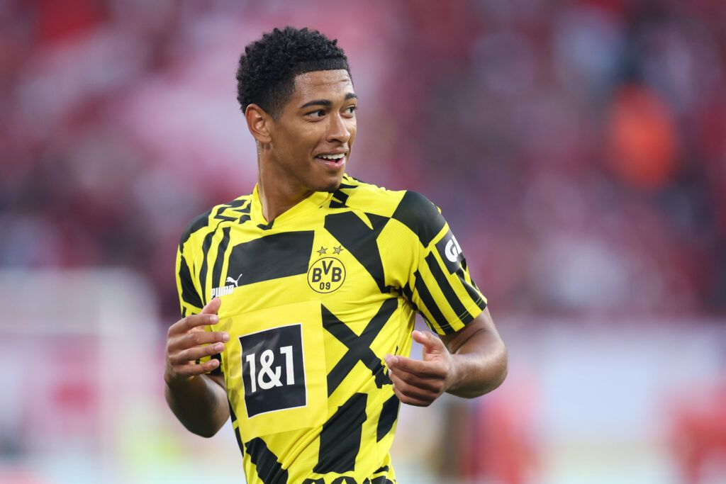 Jude Bellingham of Borussia Dortmund reacts as he warms up