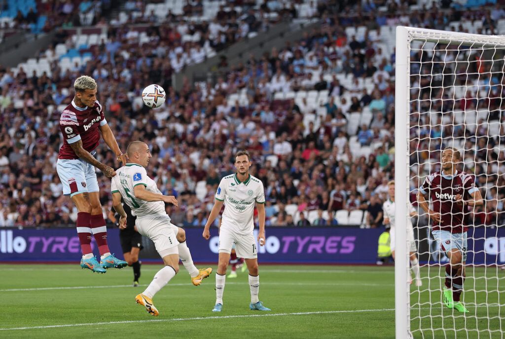 West Ham United's Gianluca Scamacca scores their first goal