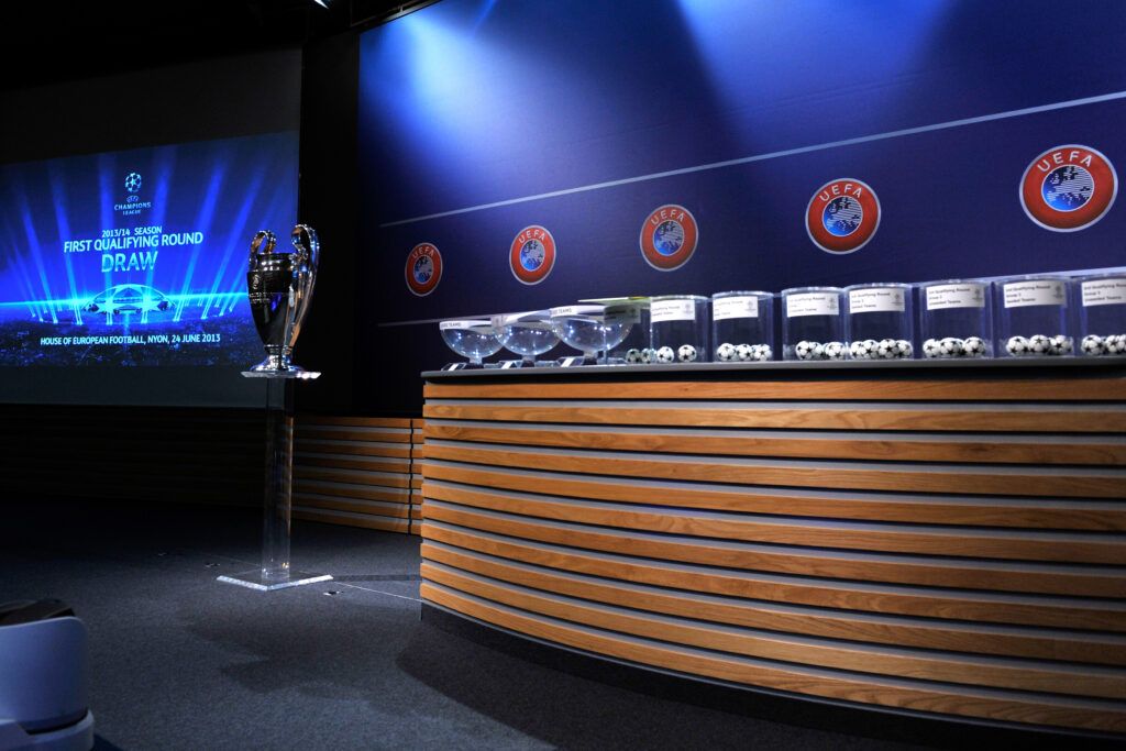 The UEFA Champions League draw room ahead to the UEFA Champions League Q1 and Q2 qualifying rounds draw at the UEFA headquarters on June 24, 2013 in Nyon, Switzerland