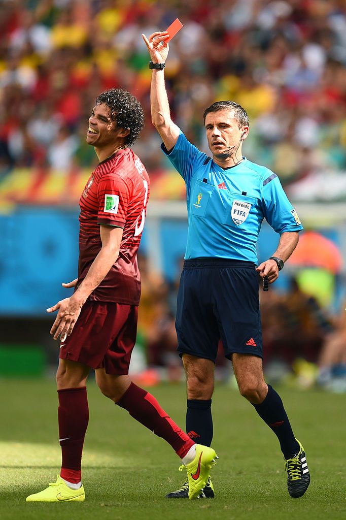 Pepe is shown a red card for Portugal