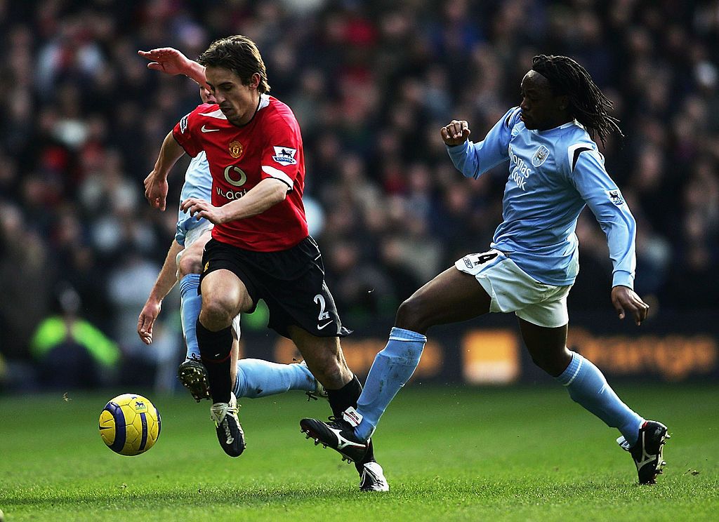 Gary Neville in action for Man United vs Man City in 2005