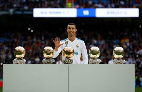 Cristiano Ronaldo with his Ballon d'Or trophies