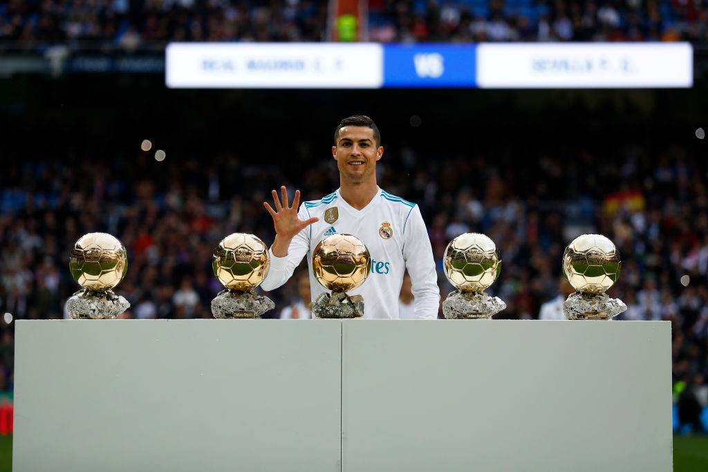 Cristiano Ronaldo with his Ballon d'Or trophies