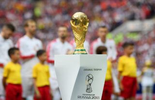 The World Cup trophy is seen during closing ceremony