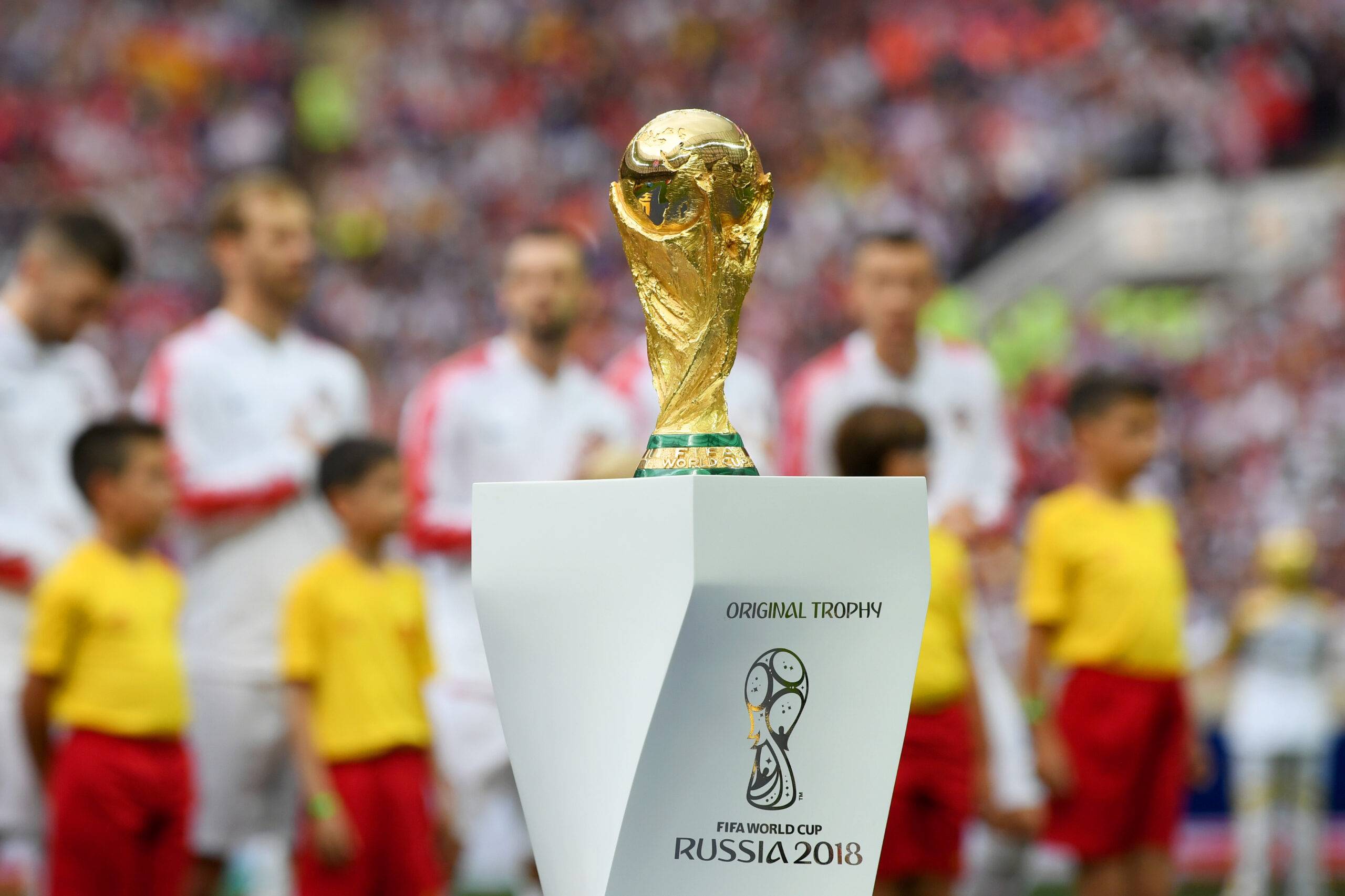 The World Cup trophy is seen during closing ceremony