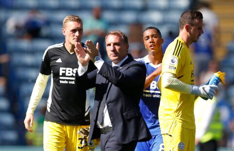 Leicester City manager Brendan Rodgers with Daniel Iversen, Youri Tielemans and Danny Ward after the match
