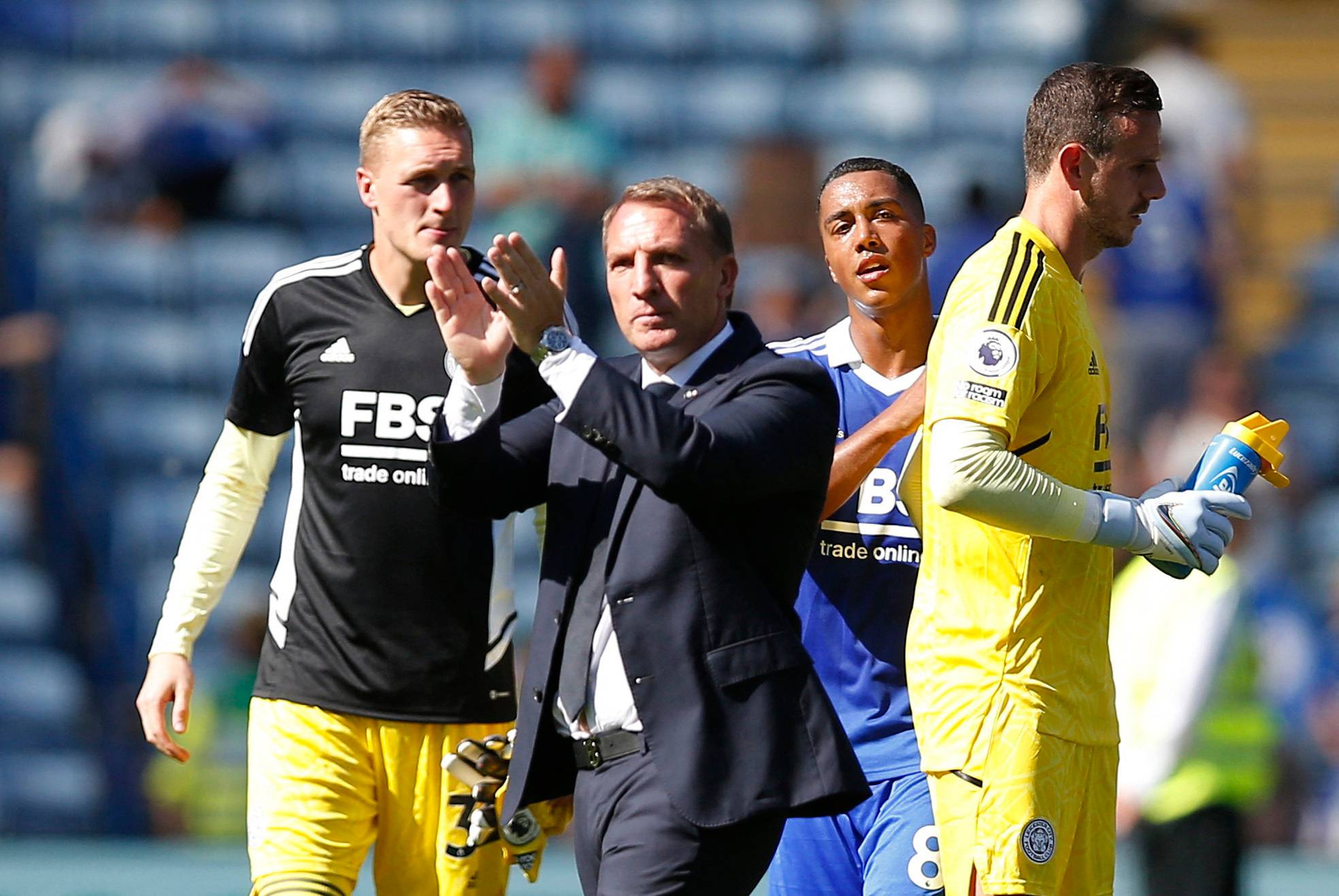 Leicester City manager Brendan Rodgers with Daniel Iversen, Youri Tielemans and Danny Ward after the match
