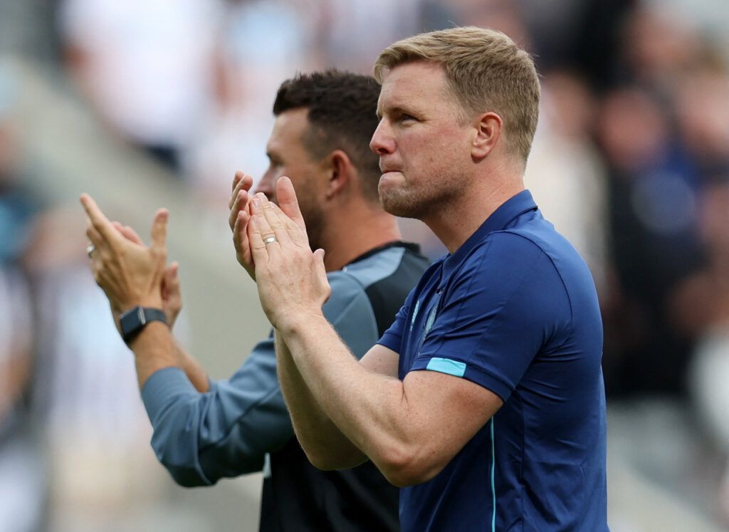 Newcastle United manager Eddie Howe applauds fans after the match