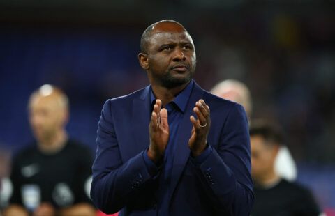 Crystal Palace manager Patrick Vieira applauds the supporters