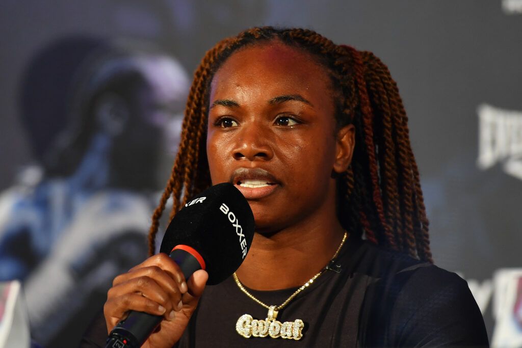 Claressa Shields speaks at the press conference