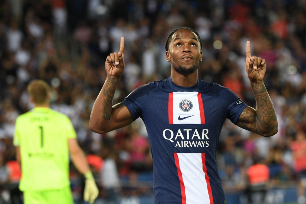 Renato Sanches of PSG celebrates socring his first goal