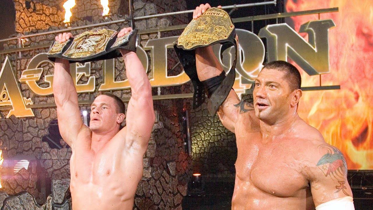 John Cena and Batista with WWE World titles