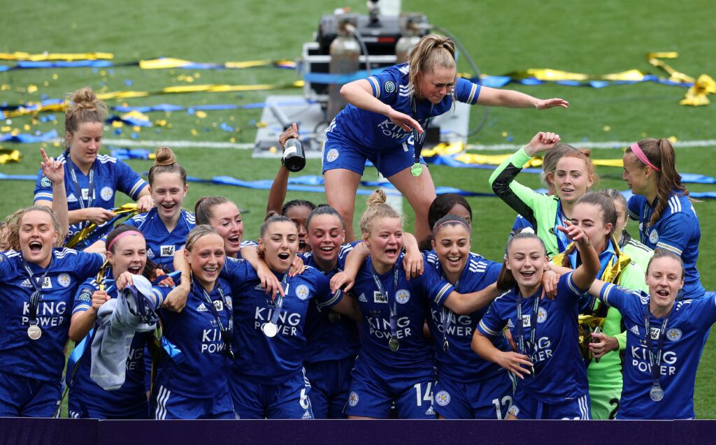 Leicester City Women celebrate winning the Championship title