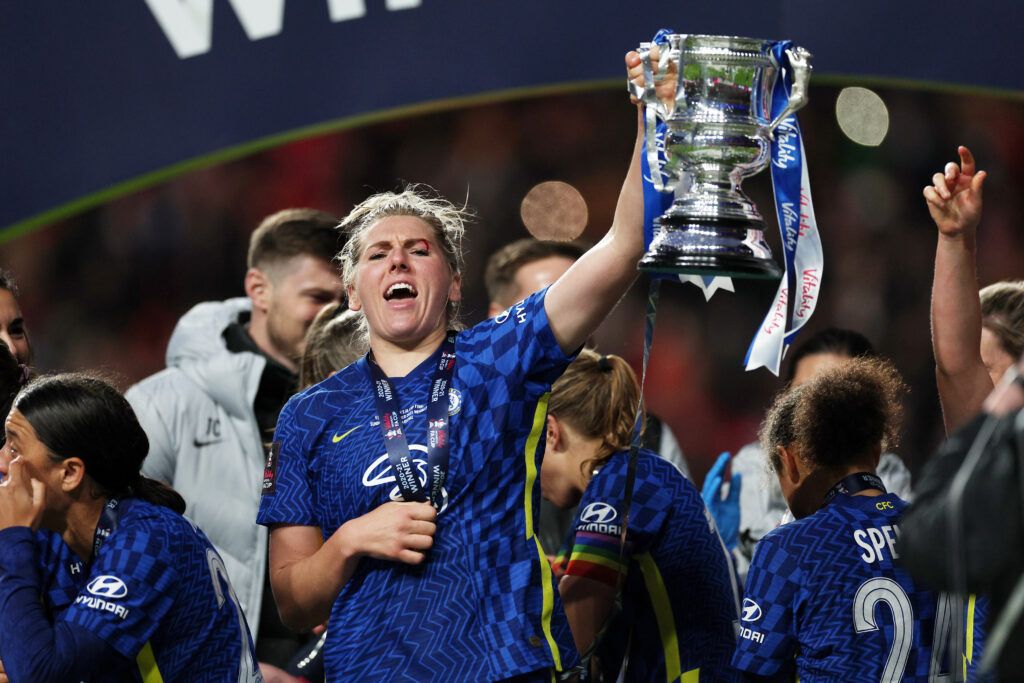 Millie Bright celebrates with the FA Cup for Chelsea