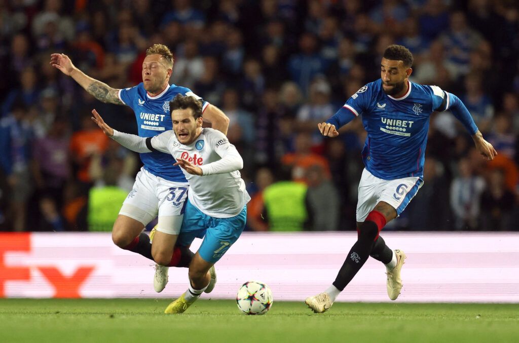 Napoli's Khvicha Kvaratskhelia in action vs Rangers