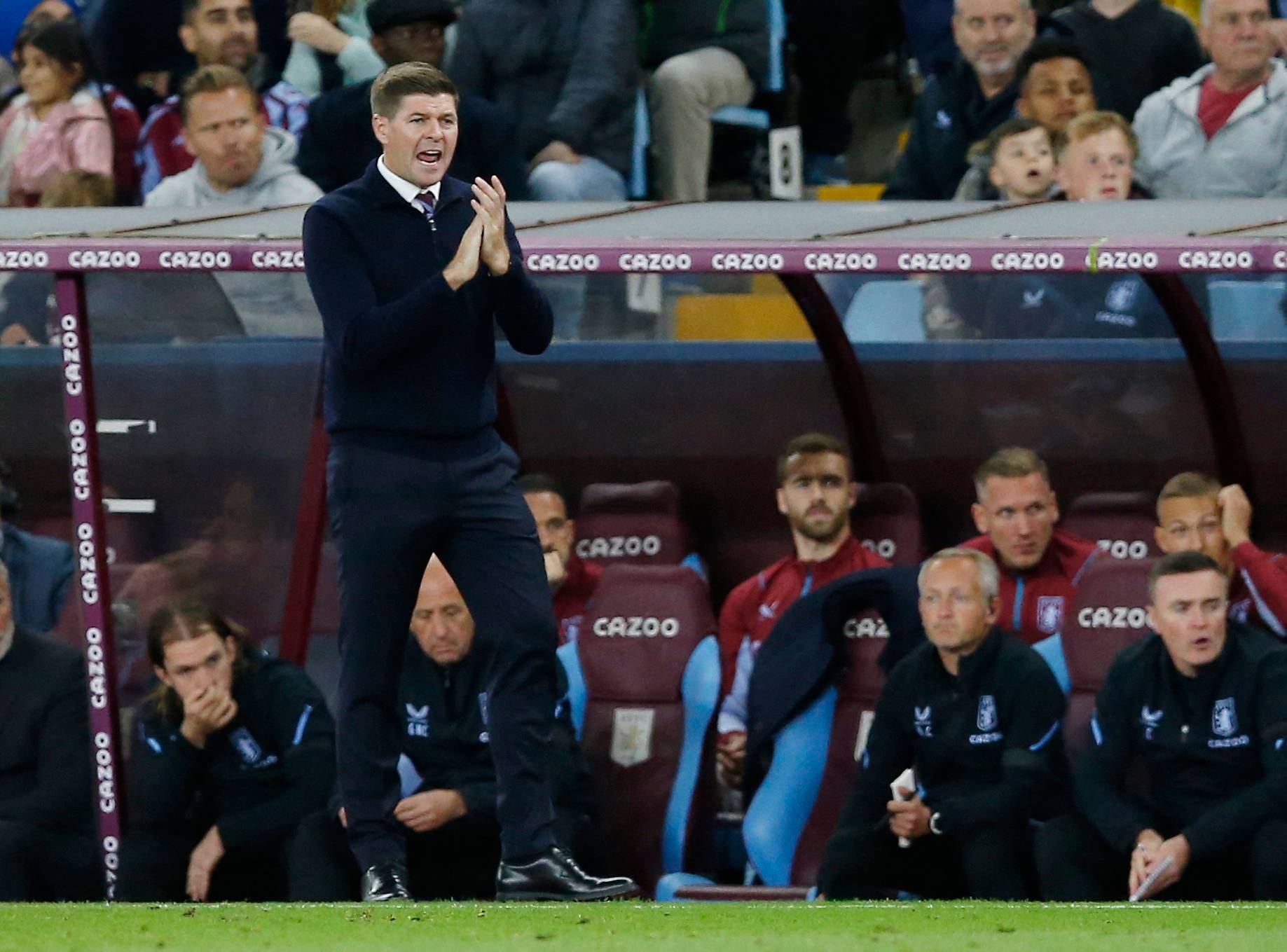 Aston Villa manager Steven Gerrard instructing on the touchline