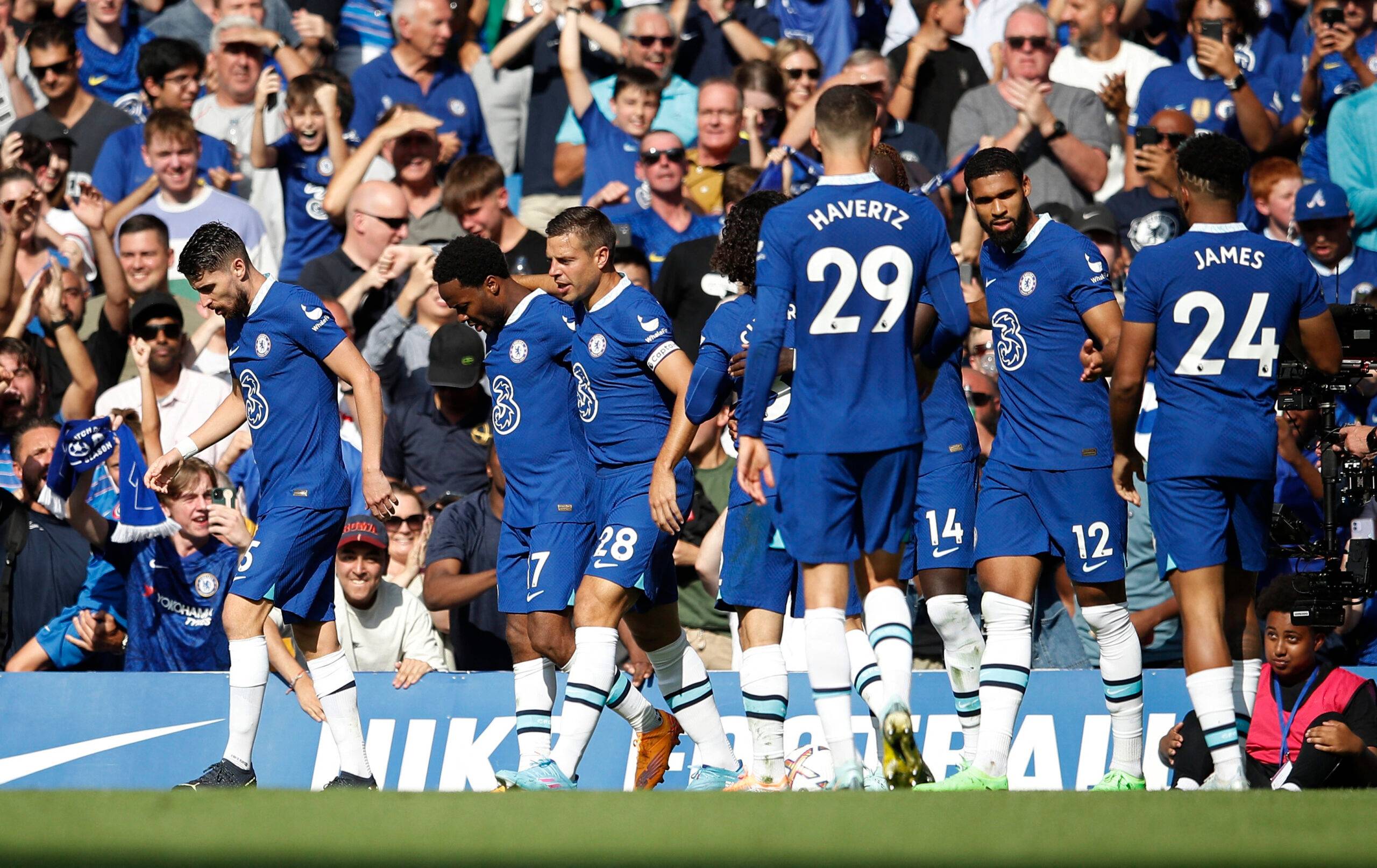 Chelsea's Raheem Sterling celebrates scoring goal with teammates
