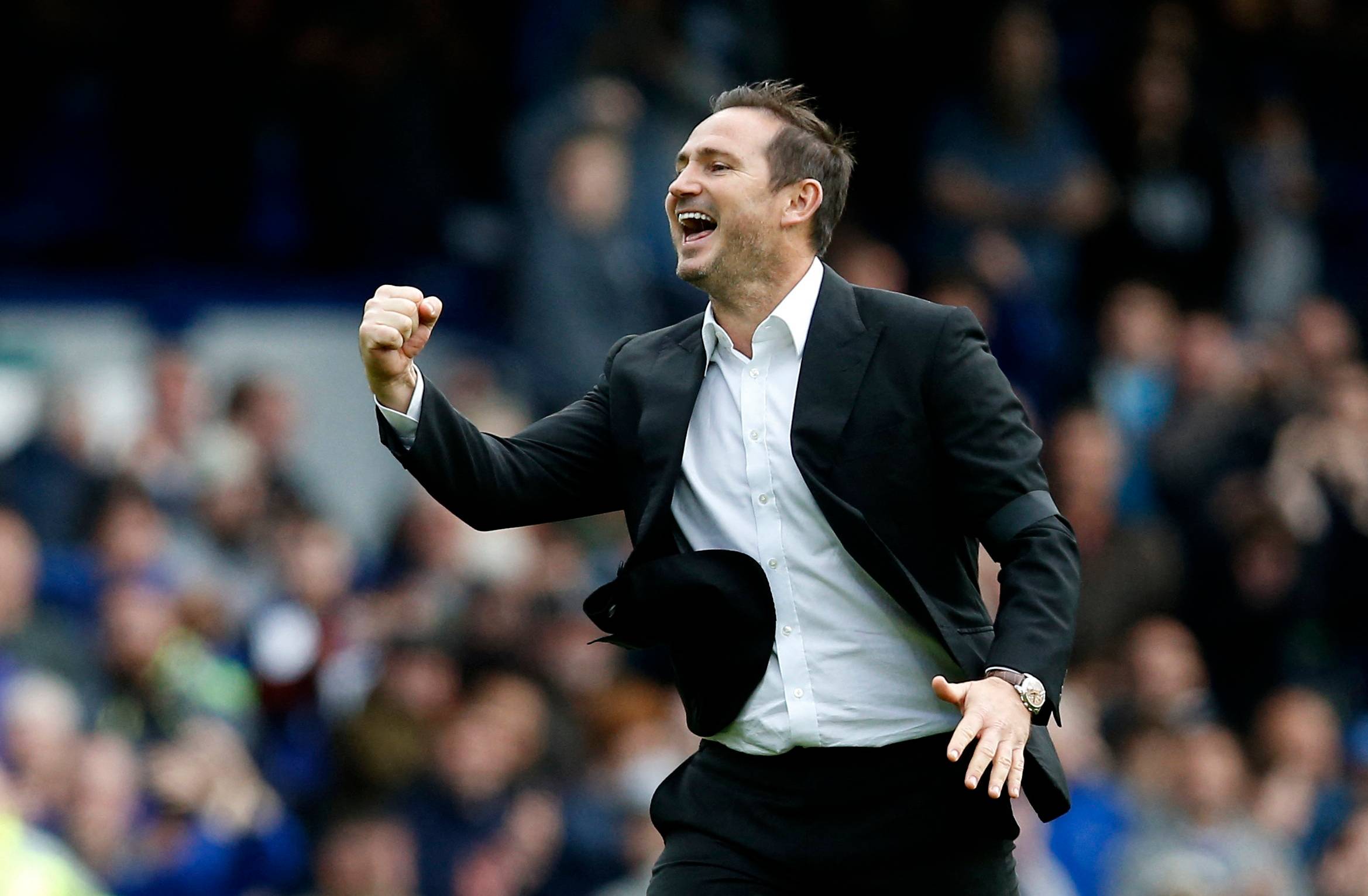 Everton manager Frank Lampard celebrates after the match