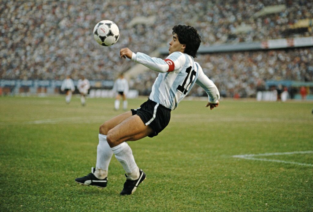 Argentina player Diego Maradona in action during a 1986 FIFA World Cup