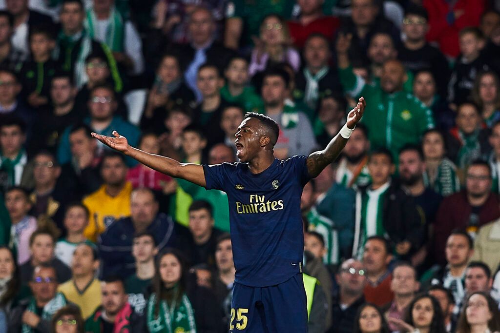 Vinicius Jr of Real Madrid reacts during the Liga match between Real Betis Balompie and Real Madrid CF at Estadio Benito Villamarin on March 08, 2020 in Seville, Spain