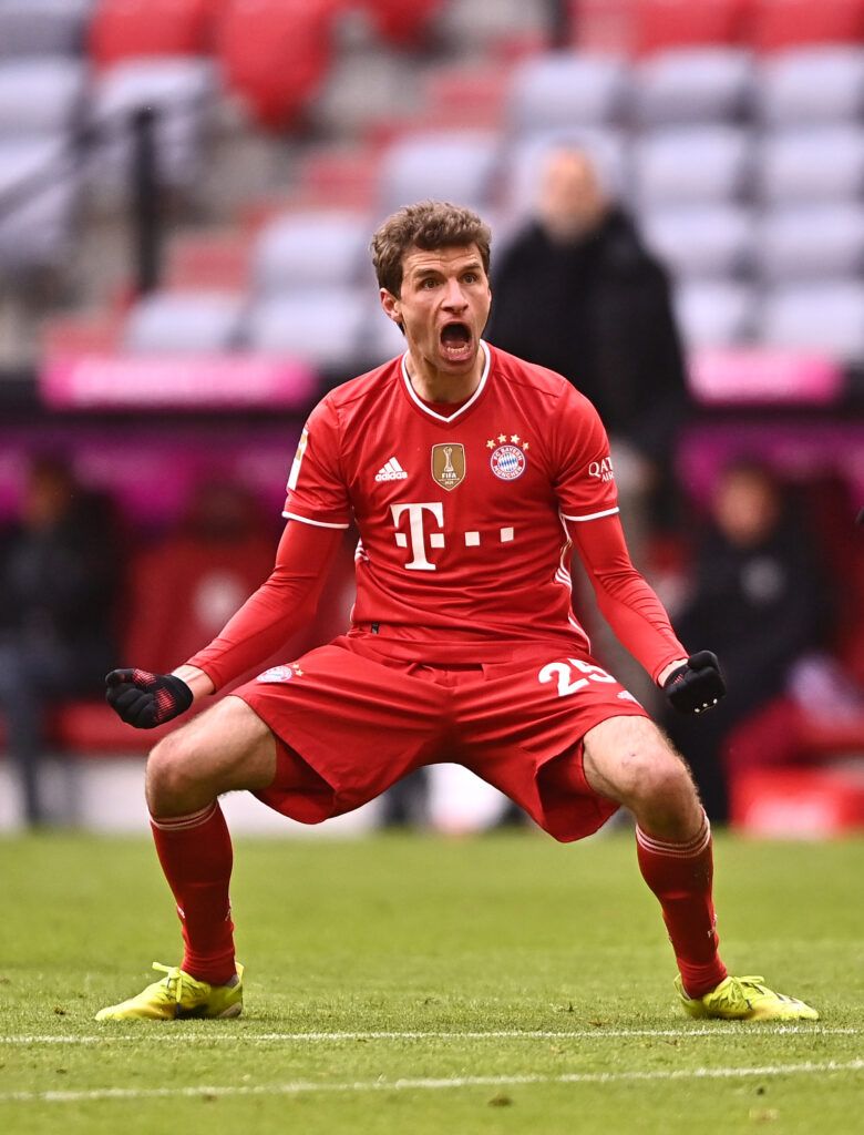 Thomas Muller celebrates a goal for Bayern Munich