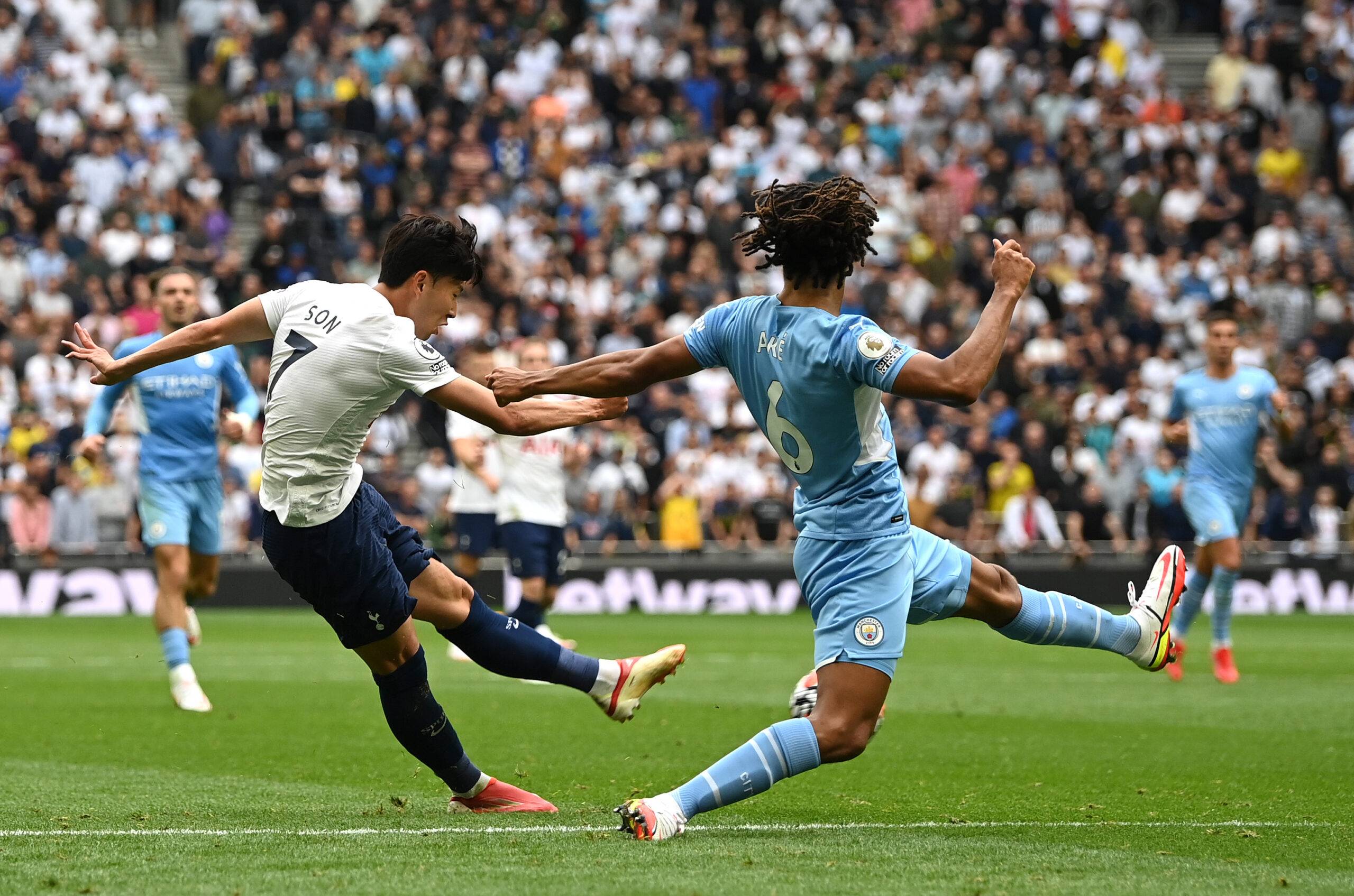 Heung-Min Son of Tottenham Hotspur scores their side's first goal during the Premier League match