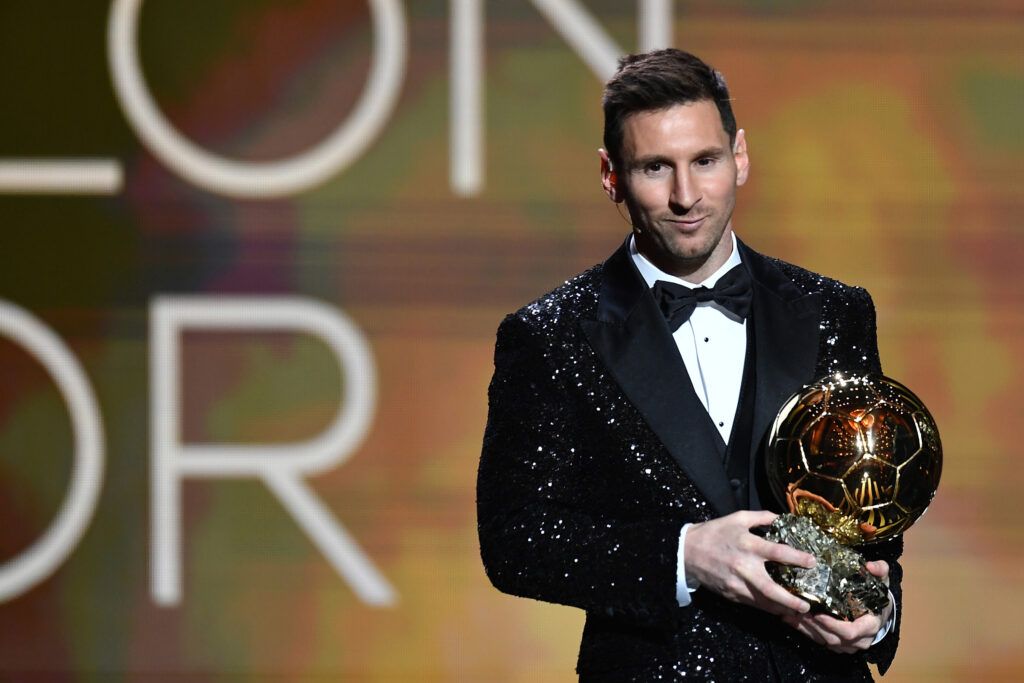 Lionel Messi with his seventh Ballon d'Or award