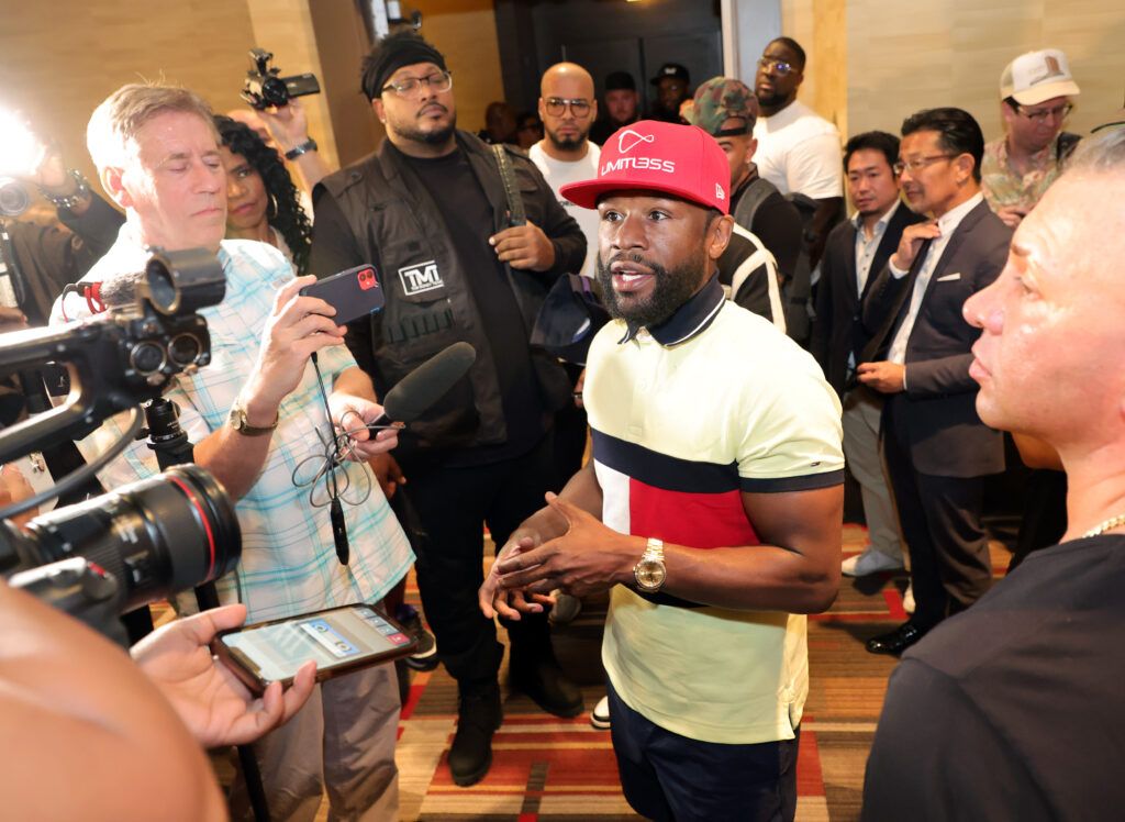 Boxer Floyd Mayweather Jr. speaks to members of the media after a news conference announcing an exhibition boxing bout against mixed martial artist Mikuru Asakura at The M Resort on June 13, 2022 in Henderson, Nevada. The bout will take place in September 2022 in Japan as part of a RIZIN Fighting Federation show