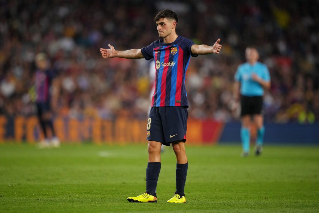 Pedri of FC Barcelona reacts during the LaLiga Santander match between FC Barcelona and Rayo Vallecano at Camp Nou on August 13, 2022 in Barcelona, Spain.