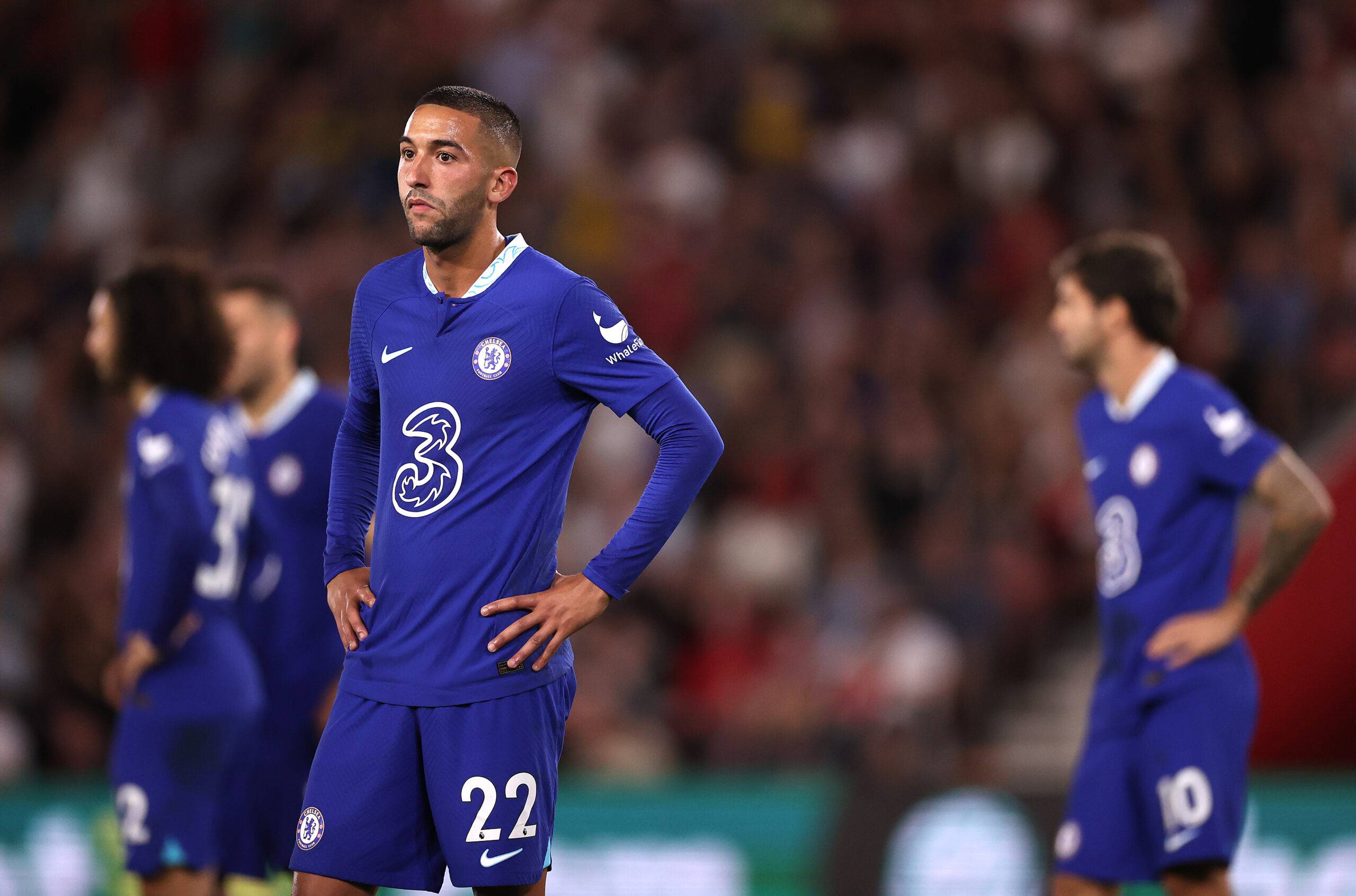 SOUTHAMPTON, ENGLAND - AUGUST 30: Hakim Ziyech of Chelsea looks on during the Premier League match between Southampton FC and Chelsea FC at Friends Provident St. Mary's Stadium on August 30, 2022 in Southampton, England. (Photo by Ryan Pierse/Getty Images)