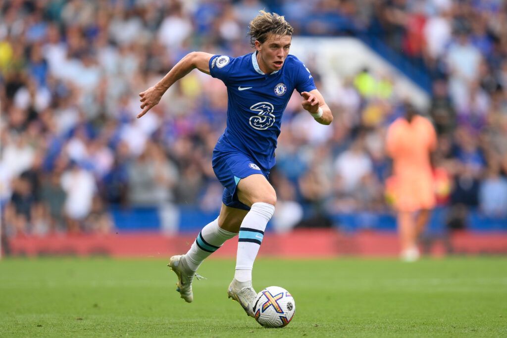 Conor Gallagher of Chelsea in action during the Premier League match between Chelsea FC and West Ham United at Stamford Bridge on September 03, 2022 in London, England.