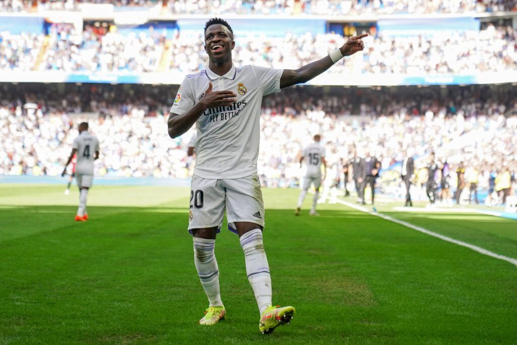 SEPTEMBER 11: Vinicius Junior of Real Madrid CF celebrates after scoring their side's second goal during the LaLiga Santander match between Real Madrid CF and RCD Mallorca at Estadio Santiago Bernabeu on September 11, 2022 in Madrid, Spain.