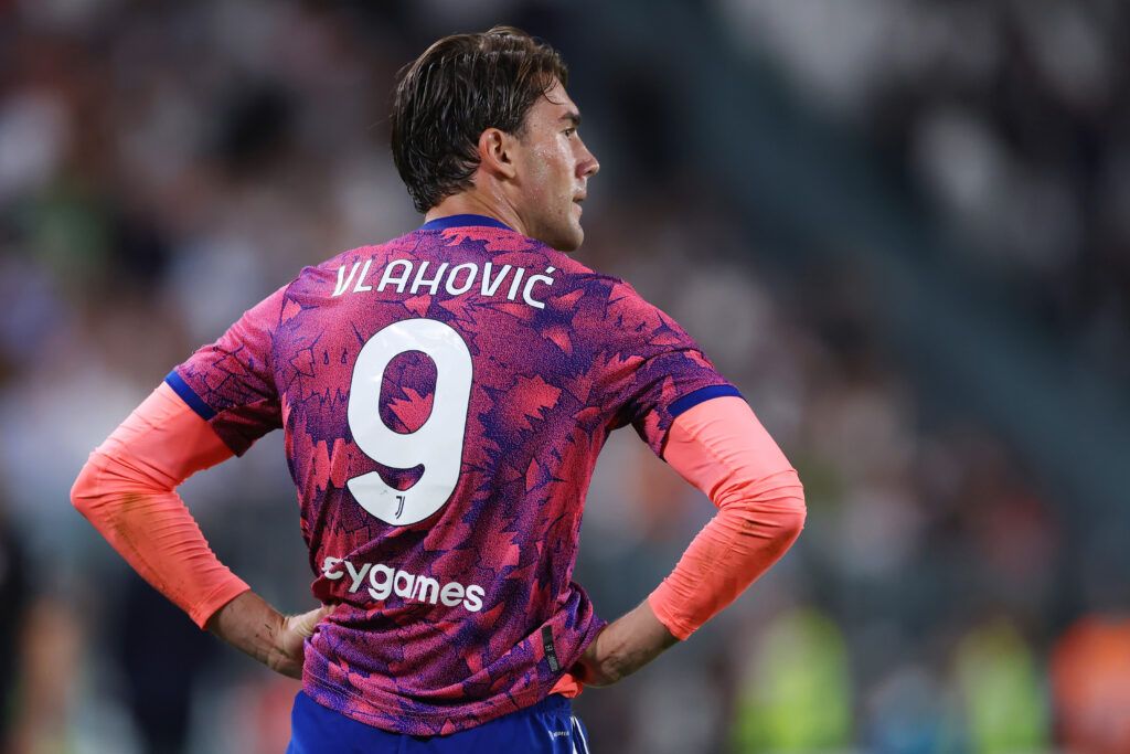 Dusan Vlahovic of Juventus reacts after scoring a goal which was disallowed during the Serie A match between Juventus and Salernitana at  on September 11, 2022 in Turin, Italy.