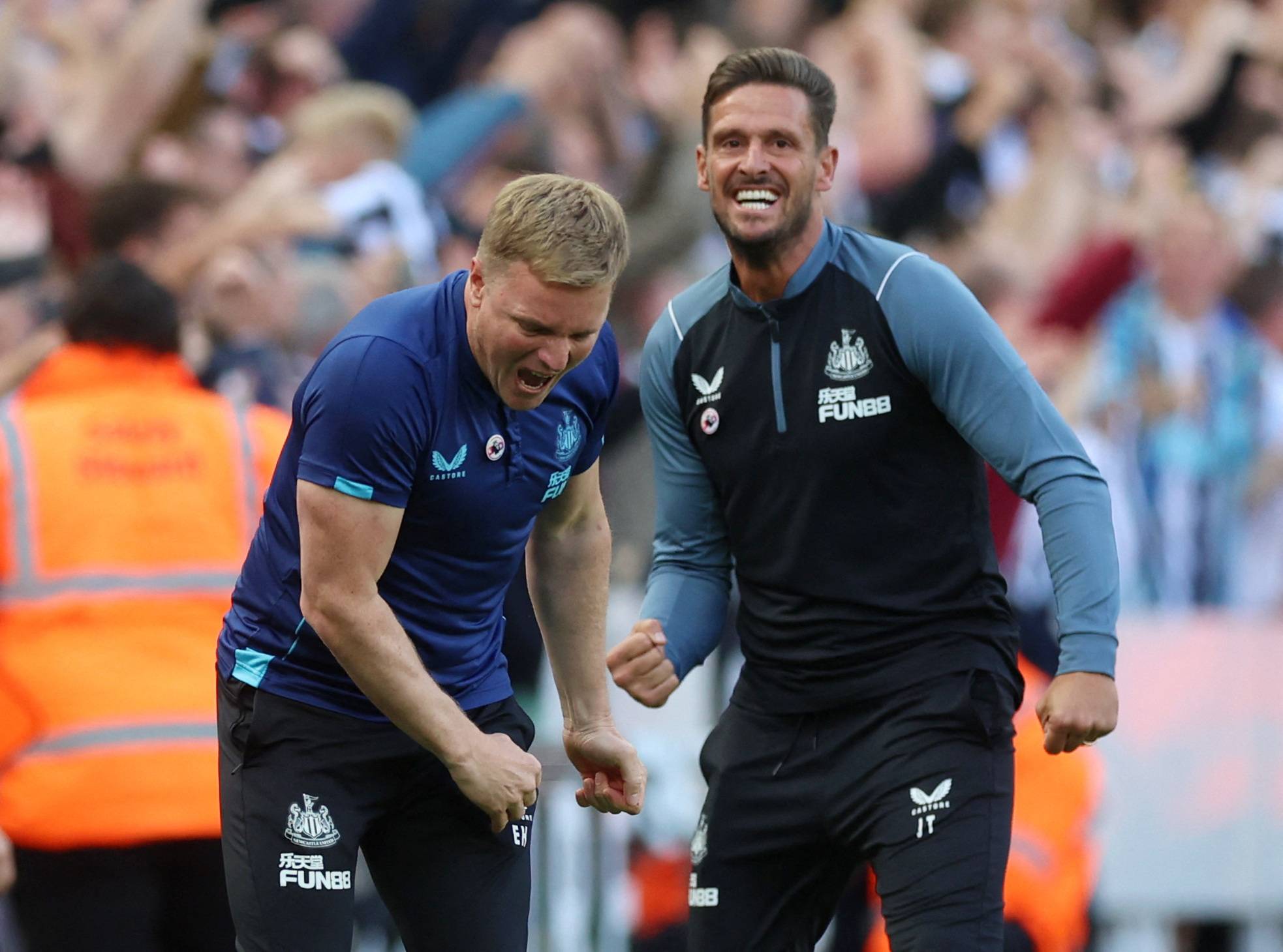 Newcastle United manager Eddie Howe and assistant manager Jason Tindall celebrate