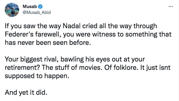 Nadal crying during Federer's retirement