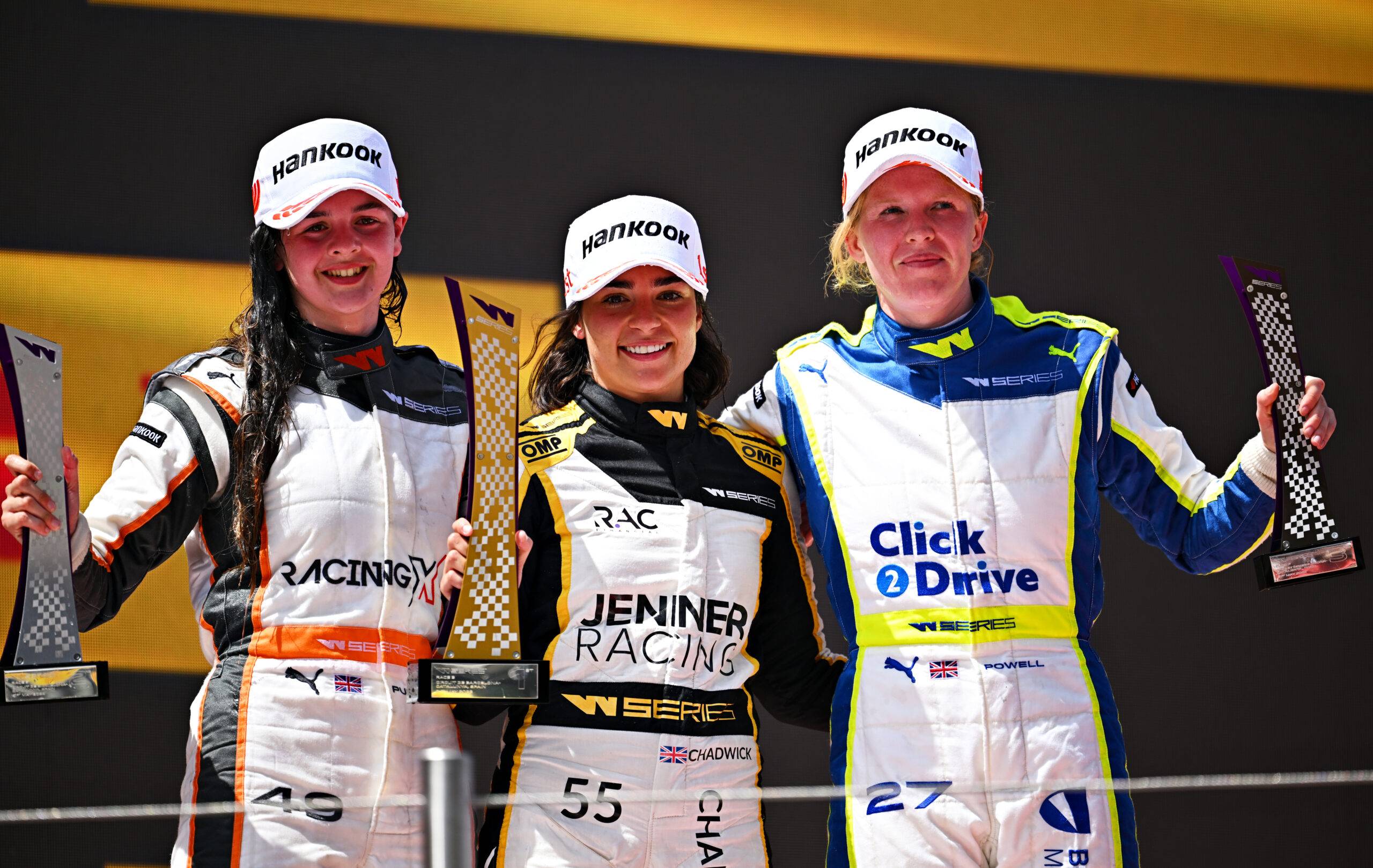 Abbi Pulling, Jamie Chadwick and Alice Powell on the W Series podium in Barcelona