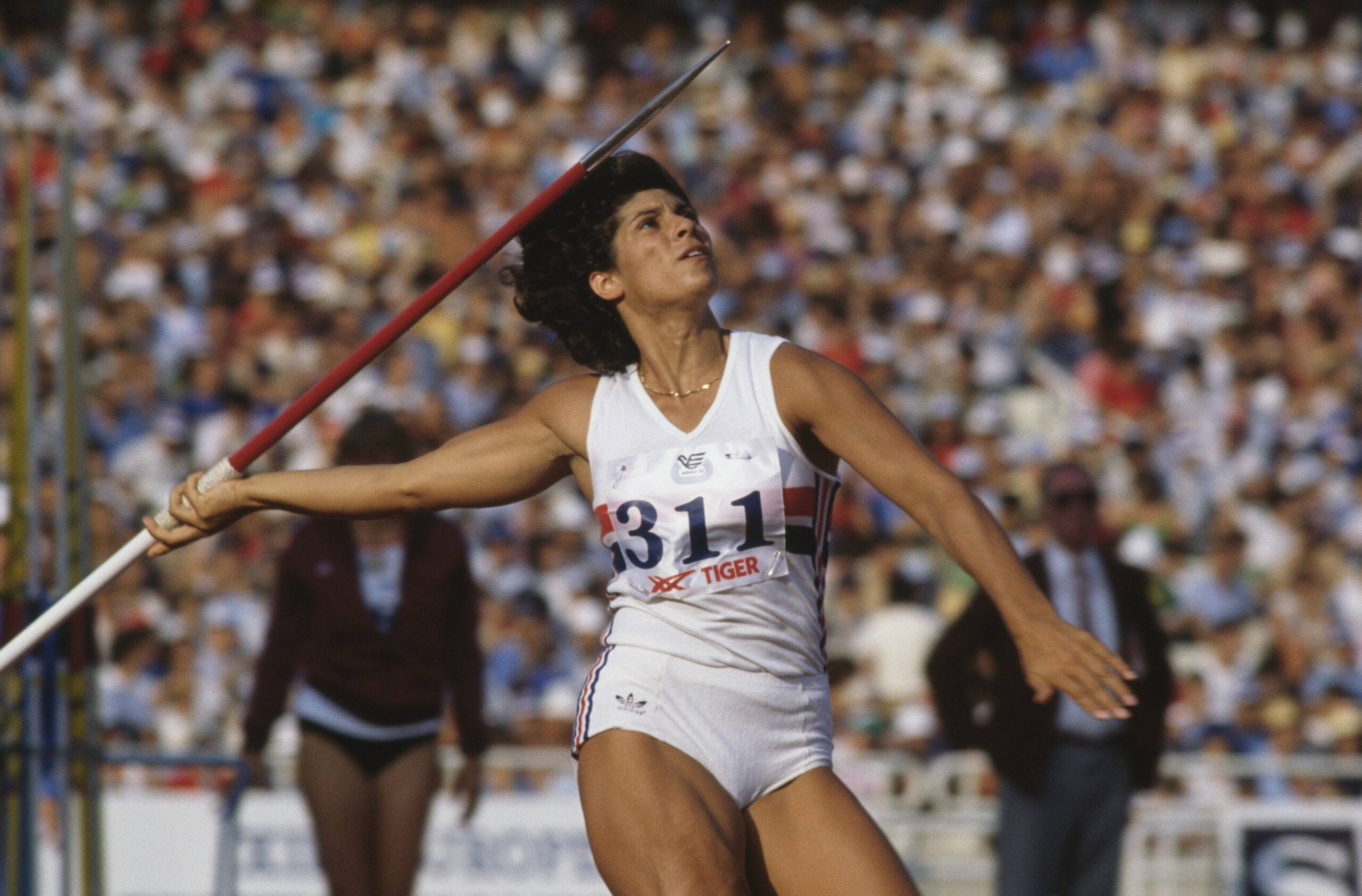 Fatima Whitbread throws the javelin during 1982 Olympics