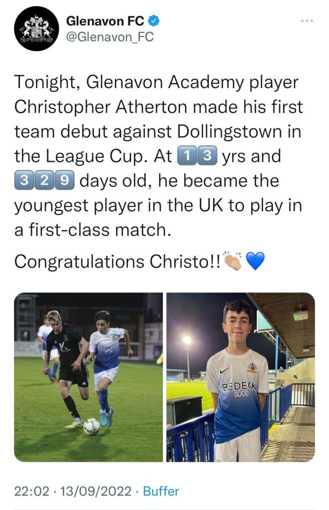 Glenavon congratulate Christopher Atherton on becoming UK's youngest player