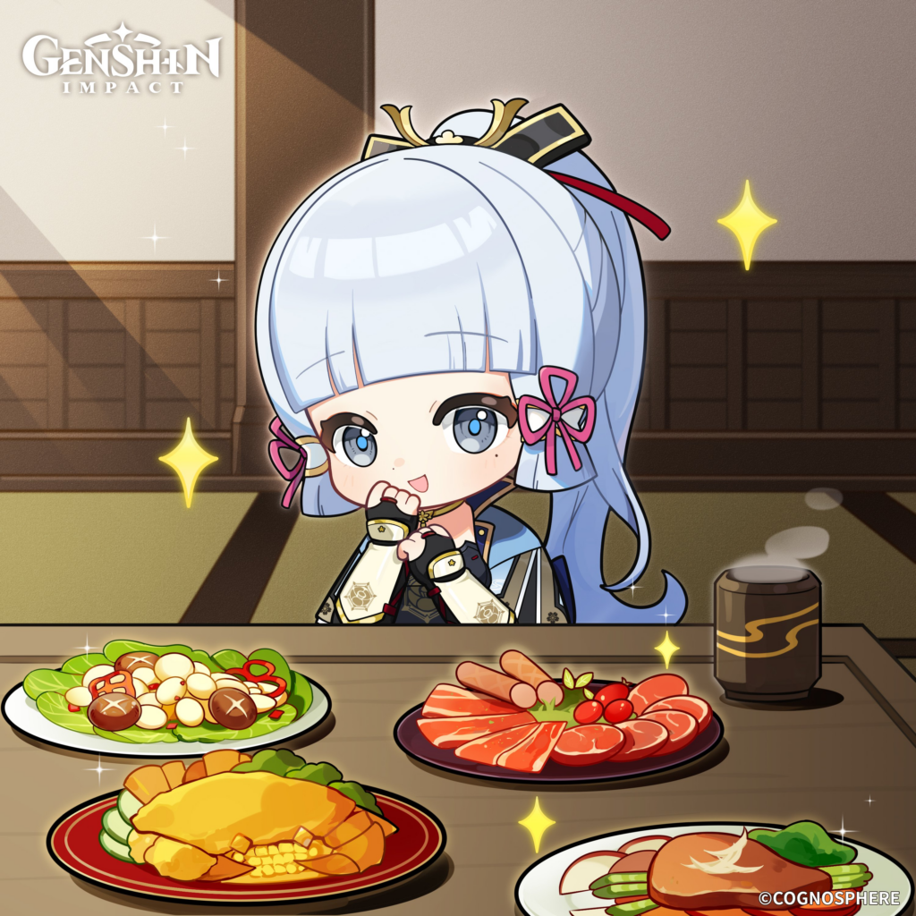 Genshin Impact character surrounded by food