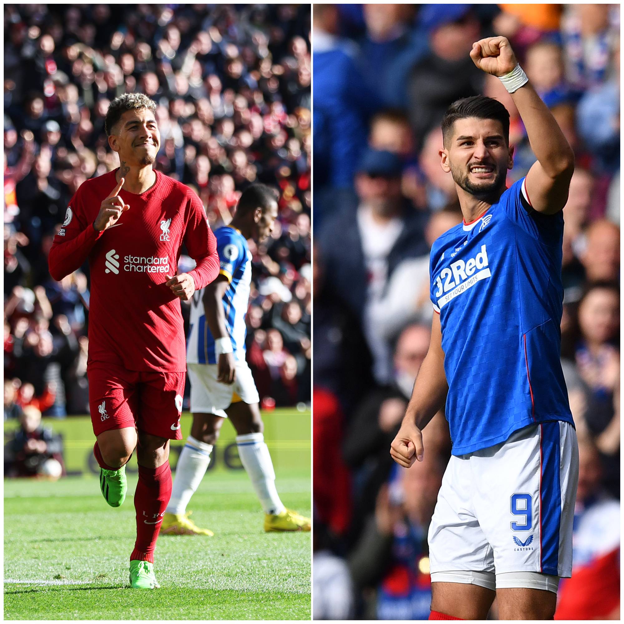 Roberto Firmino celebrating for Liverpool and Colak celebrating for Rangers