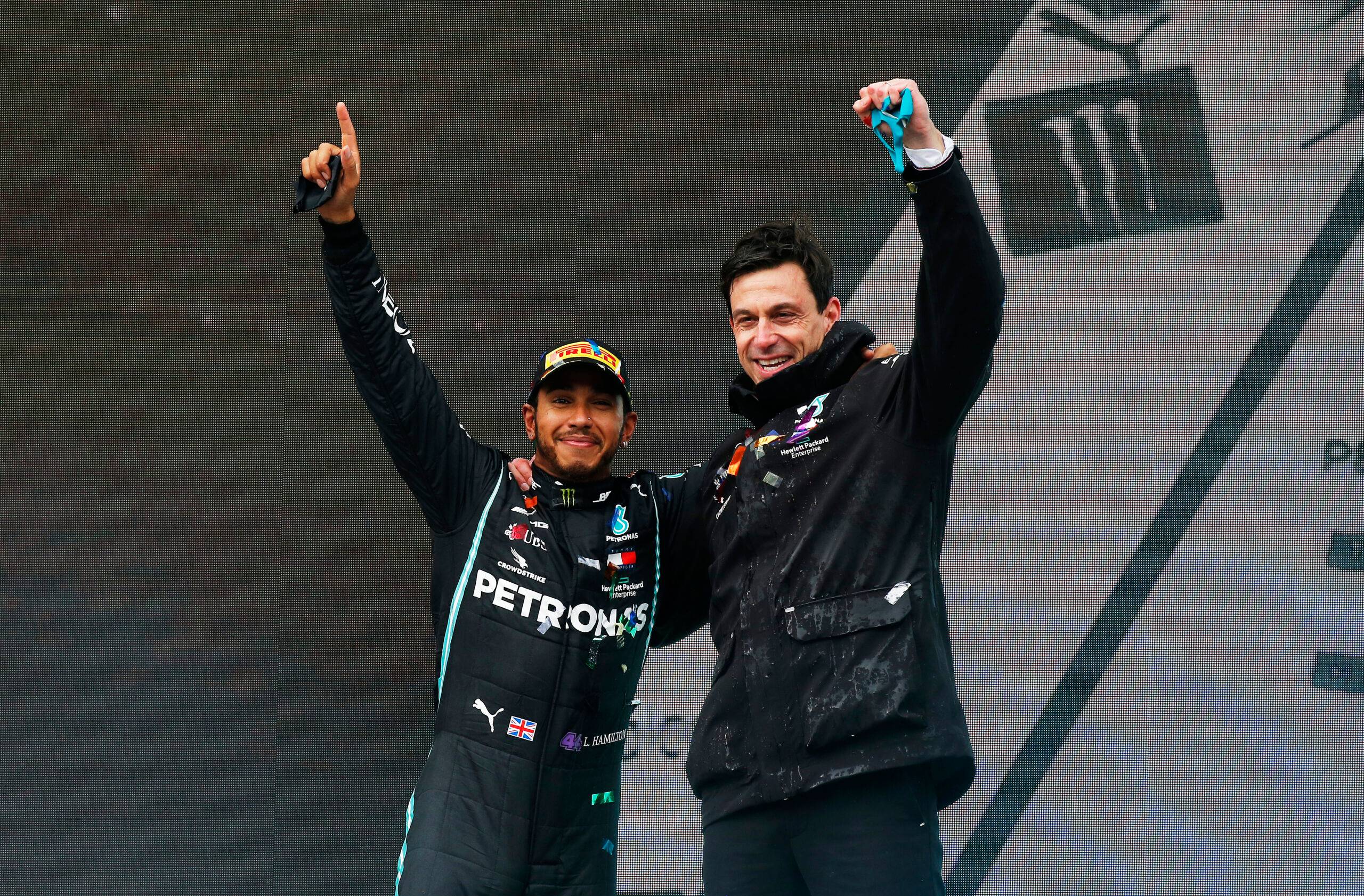 Toto Wolff and Lewis Hamilton on the podium