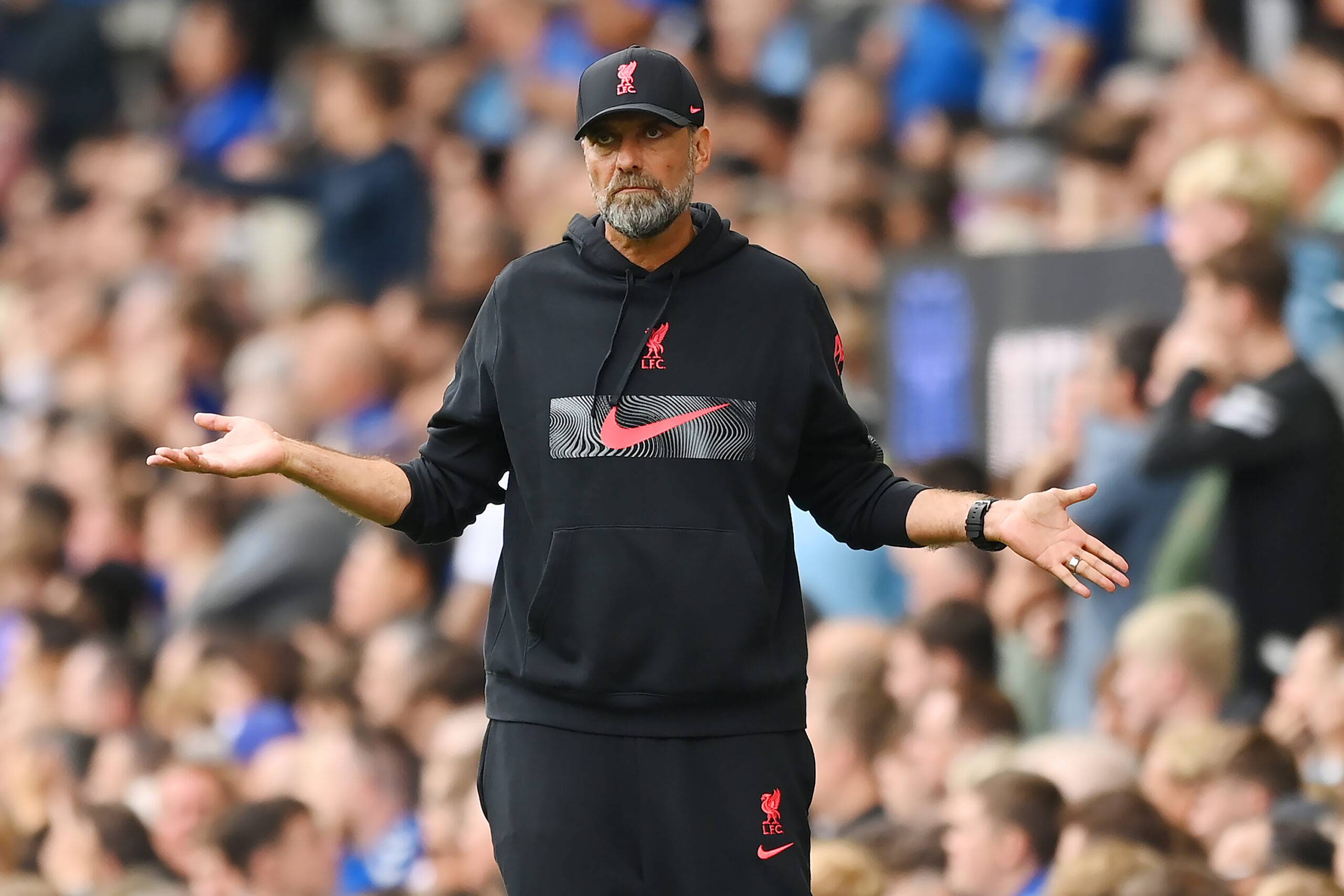 Liverpool manager Jurgen Klopp gestures during the Premier League match between Everton FC and Liverpool FC