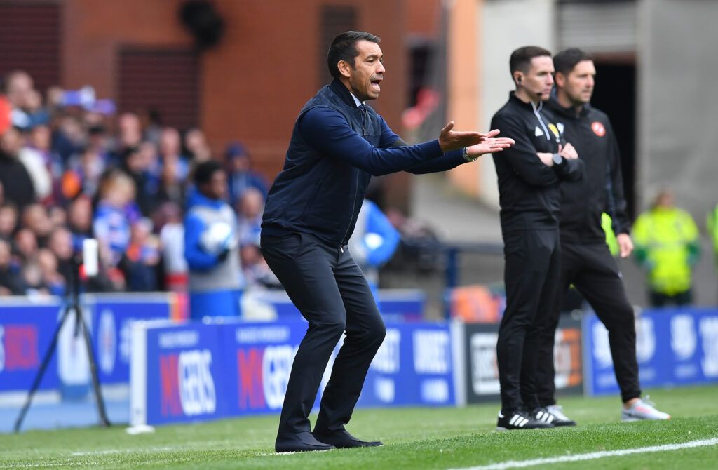 Giovanni van Bronckhorst, manager of Rangers applauds his team from the sideline during the Cinch Scottish Premiership match between Rangers FC and Dundee United at  on September 17, 2022 in Glasgow, Scotland.