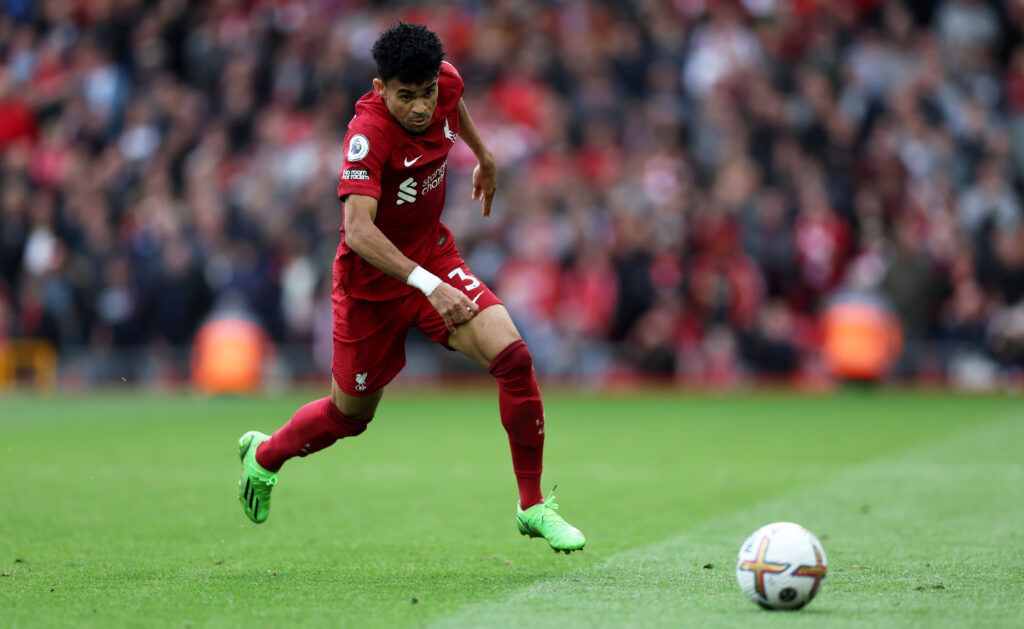 Luis Diaz of Liverpool in action during the Premier League match between Liverpool FC and Brighton & Hove Albion at Anfield 