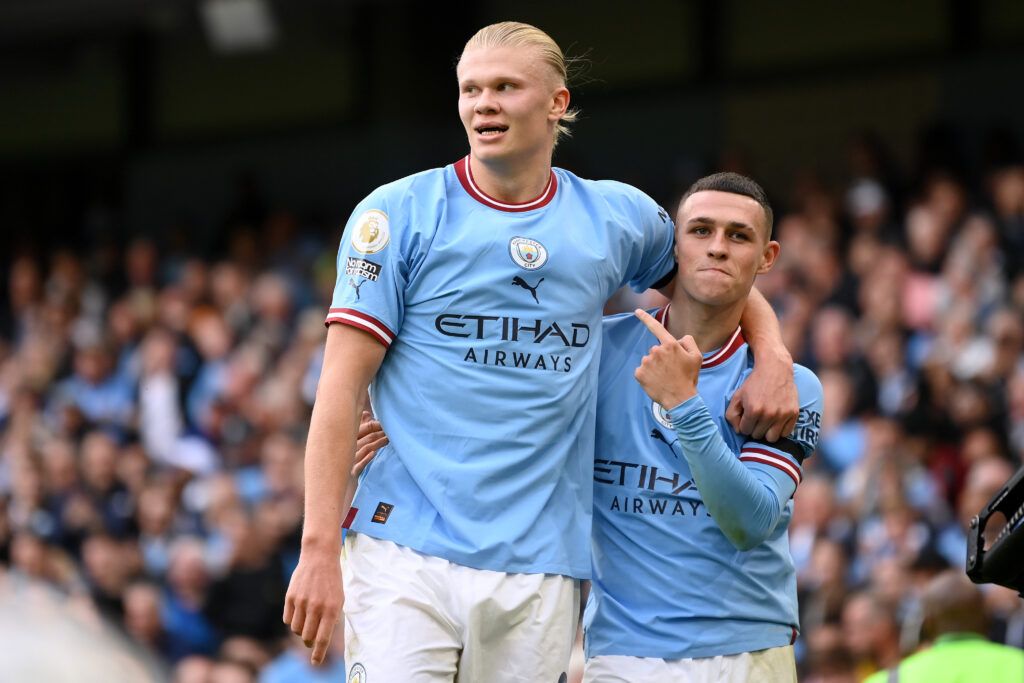 Erling Haaland and Phil Foden celebrate Man City goal