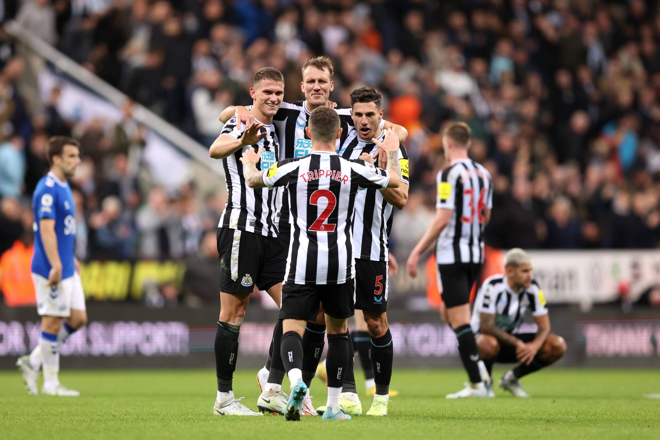 Fabian Schar and Kieran Trippier celebrate Newcastle's win over Everton