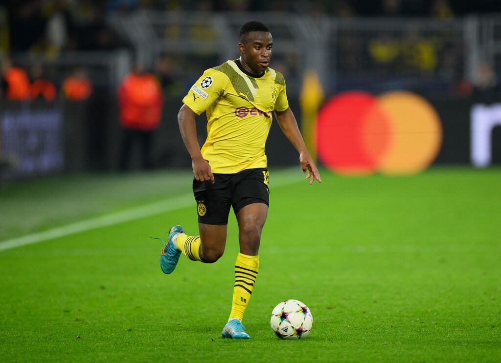 Youssoufa Moukoko of Borussia Dortmund controls the ball during the UEFA Champions League group G match
